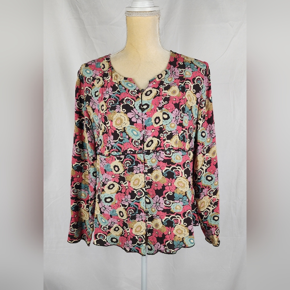 J. Jill Multicolored Boho Floral Festive Feminine Summer Buttoned Top sz M